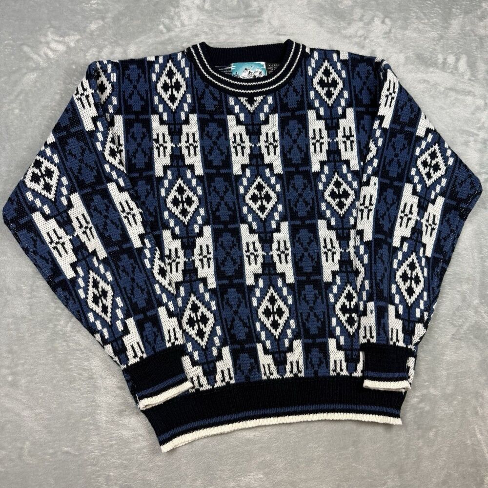 Vintage 90s Botany 500 Southwestern Knit Sweater XL Blue White Geometric Aztec